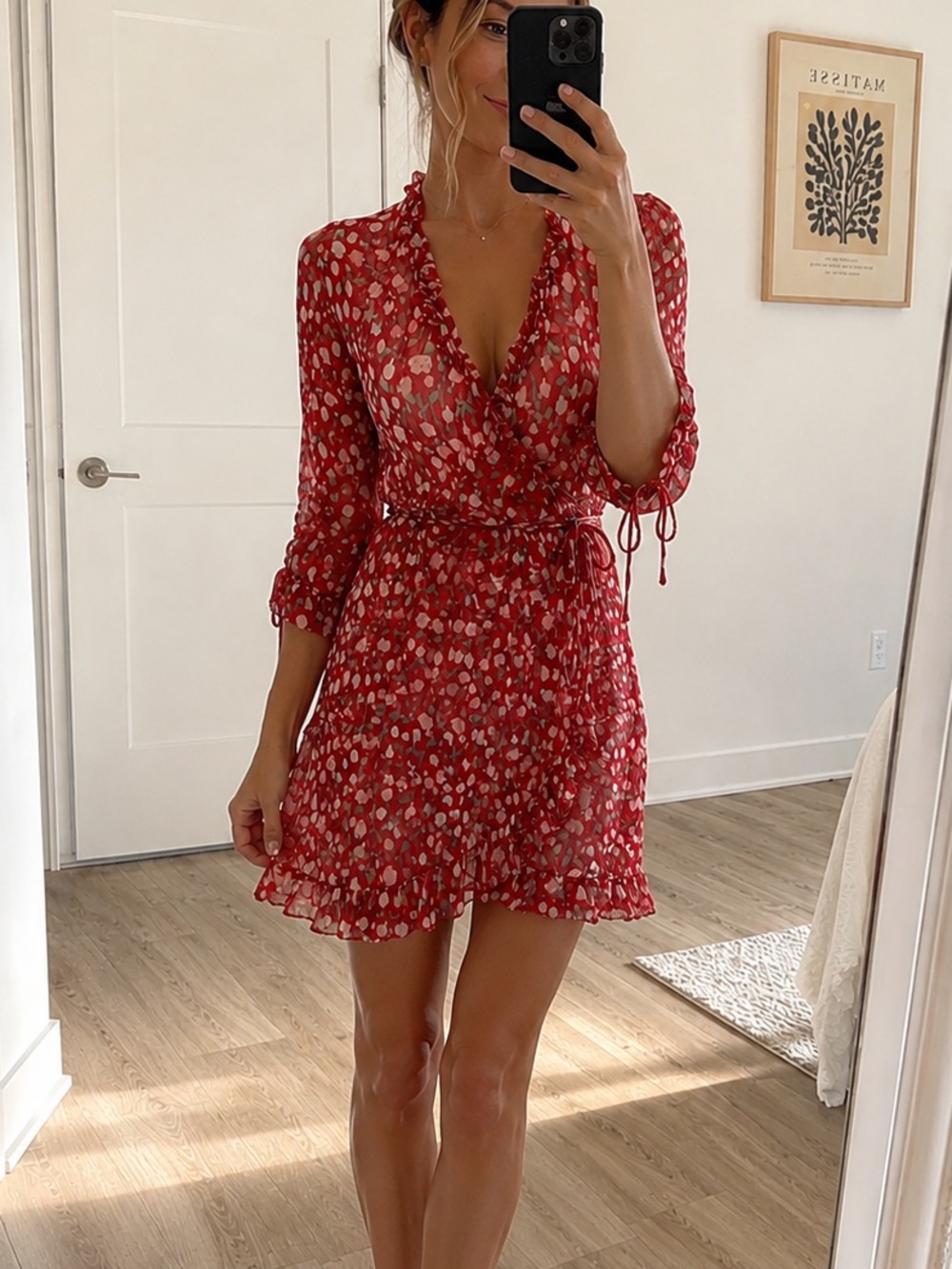 The Kooples Red Floral V-Neck Midi Dress